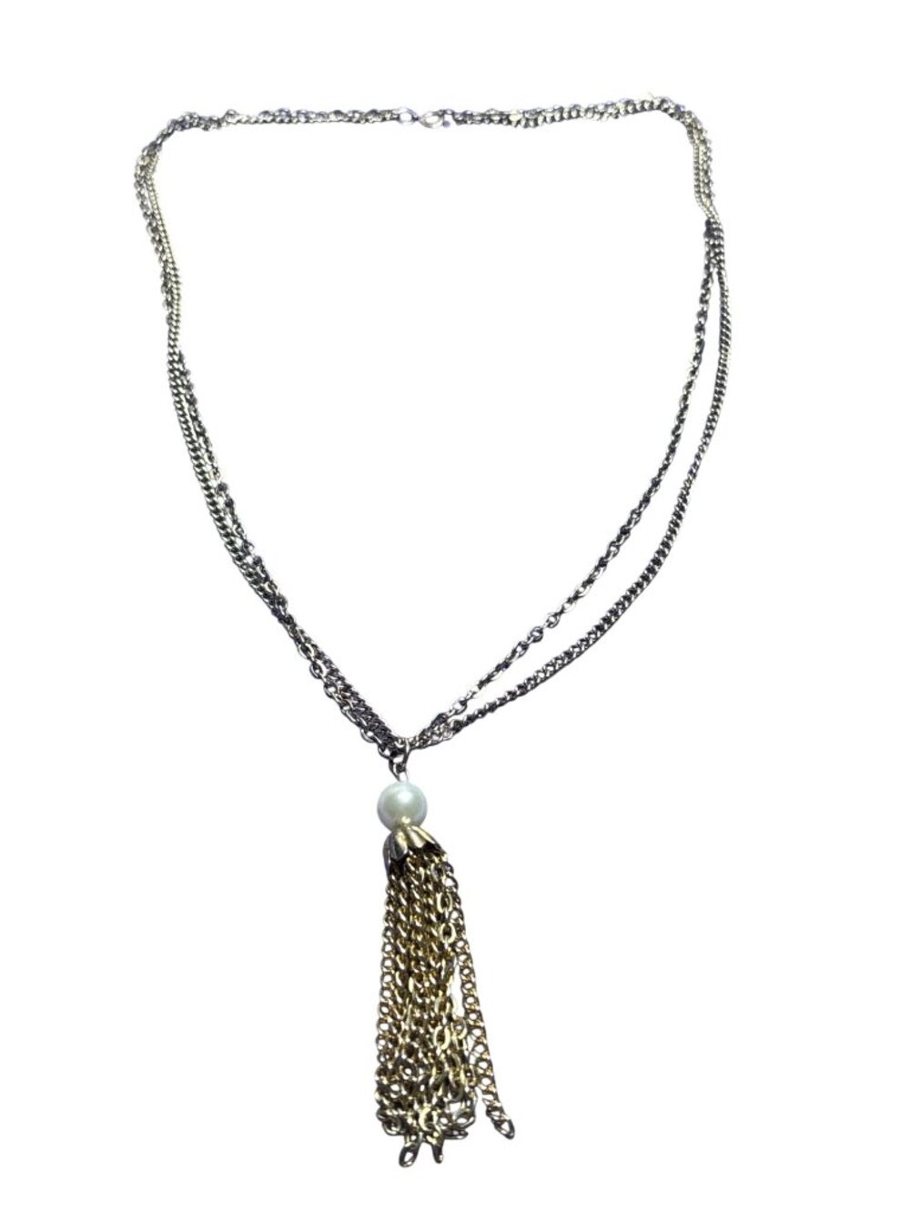 Vtg 2 Strand Silvertone Chain Necklace Faux Pearl Goldtone Chain Tassel
